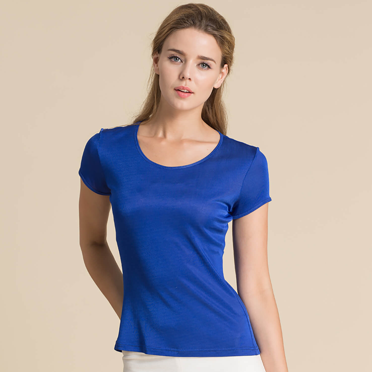 Silk Short Sleeve Women's T-shirt Silk Knitted Bottoming Shirt Top Blue S