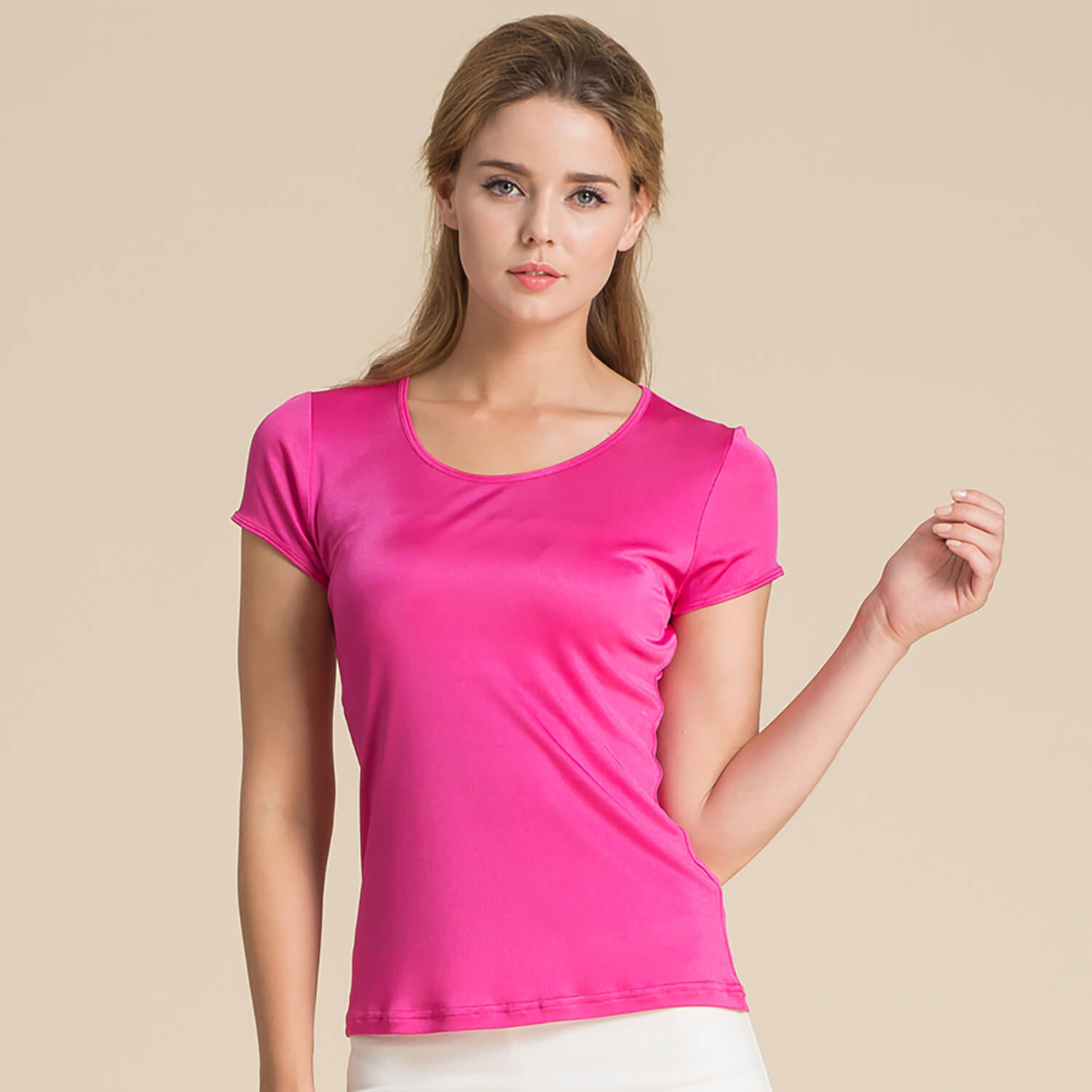 Silk Short Sleeve Women's T-shirt Silk Knitted Bottoming Shirt Top Pink S