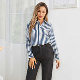 Women Stripe Silk Button Down Blouse Office Work Silk Shirts