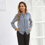Women Stripe Silk Button Down Blouse Office Work Silk Shirts