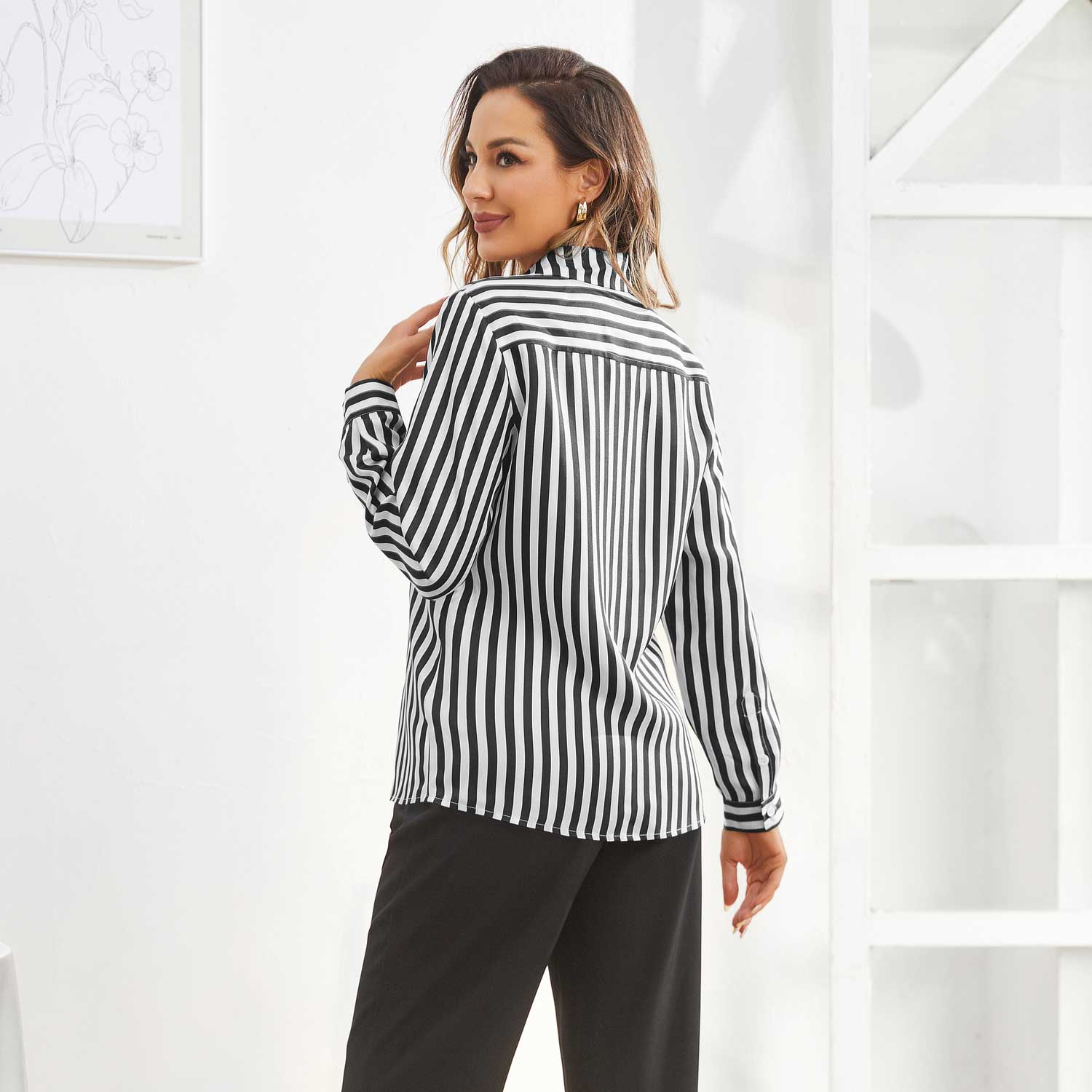 Women Stripe Silk Button Down Blouse Office Work Silk Shirts