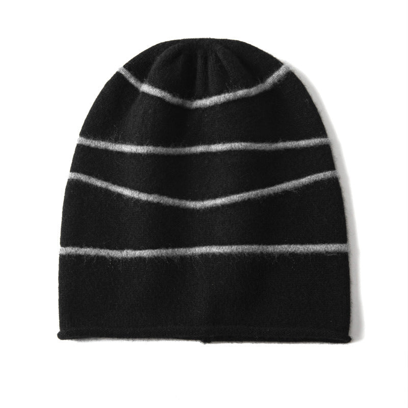 Striped Pure Cashmere Beanie Horizontal Stripe Cashmere Winter Hat