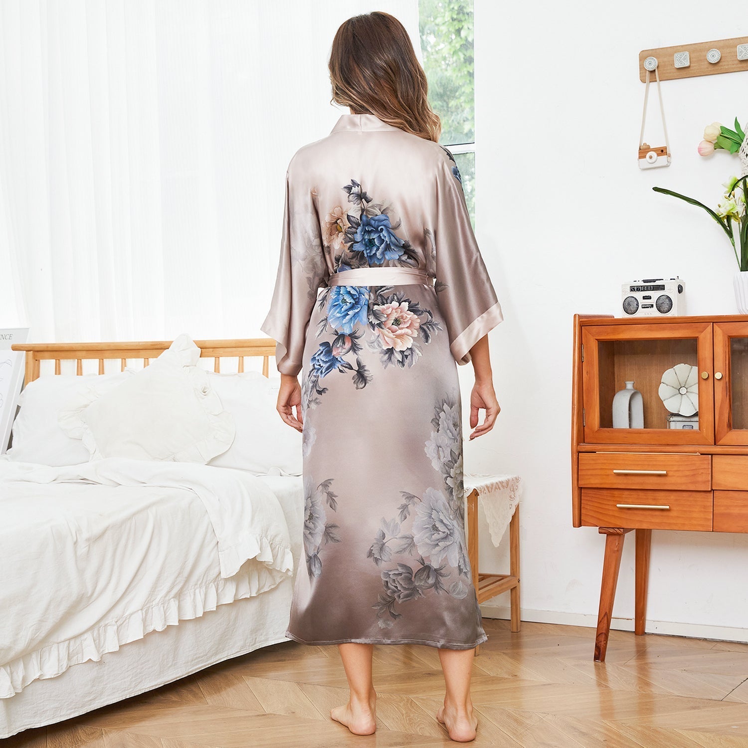 Women's Flower Silk Kimono Robe long Floral Print Silk Kimono