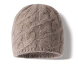 Unisex Cable Knit Cashmere Beanie Chunky Cashmere Hat Ribbed Trim