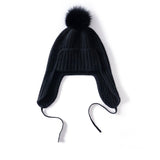 Unisex Cashmere Earflap Hat with Pom - Pom Cashmere Beanie with Tie