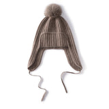 Unisex Cashmere Earflap Hat with Pom - Pom Cashmere Beanie with Tie