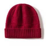 Unisex Checkered Cashmere Beanie Ribbed Brim Cashmere Knit Hat