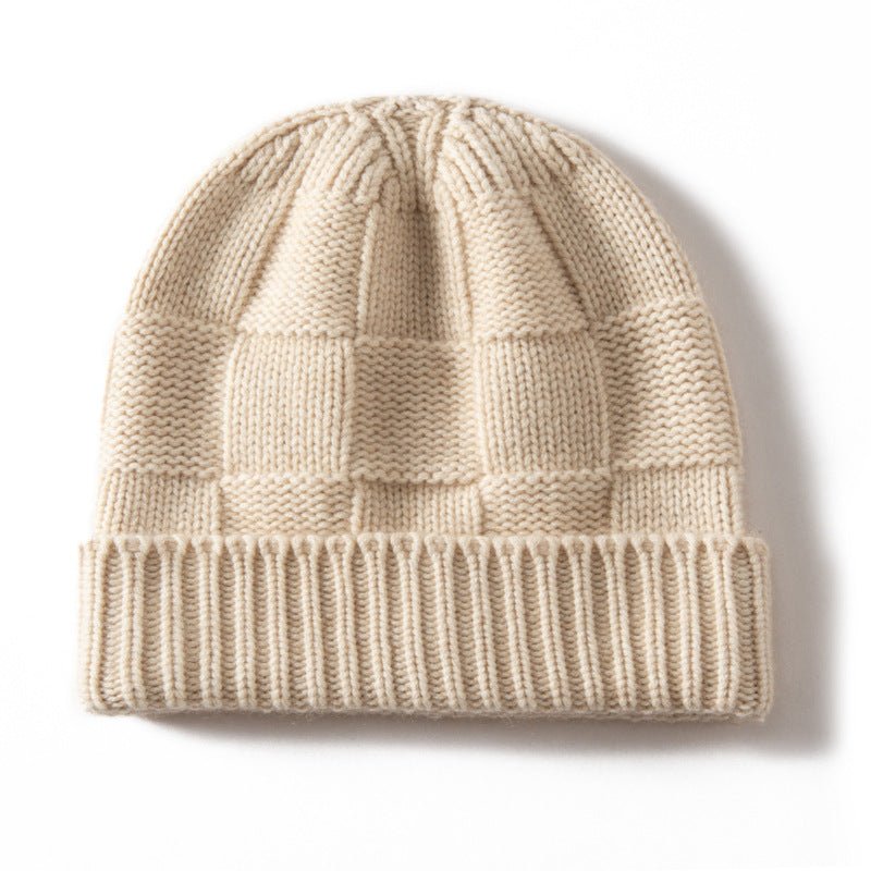 Unisex Checkered Cashmere Beanie Ribbed Brim Cashmere Knit Hat