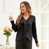 V Neck & Ribbon Silk Blouse For Women Long Sleeves Silk Shirt