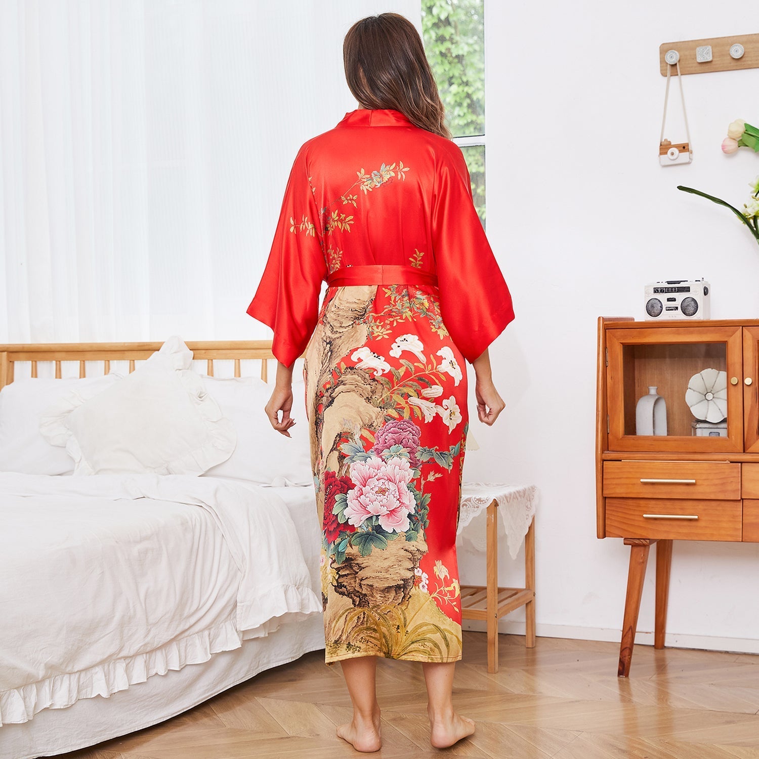 Women Luxury Long 100% Mulberry Vintage Floral Print Silk Kimono Robe