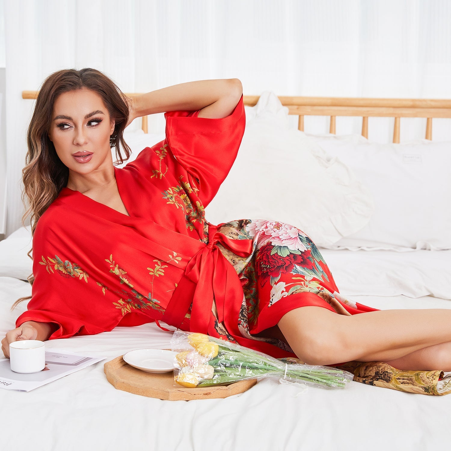 Women Luxury Long 100% Mulberry Vintage Floral Print Silk Kimono Robe