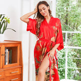 Women Luxury Long 100% Mulberry Vintage Floral Print Silk Kimono Robe