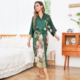 Women Luxury Long 100% Mulberry Vintage Floral Print Silk Kimono Robe