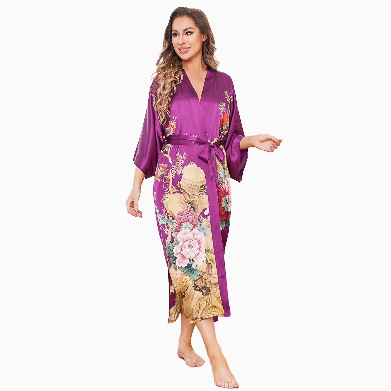 Women Luxury Long 100% Mulberry Vintage Floral Print Silk Kimono Robe