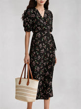 Vintage Womens Silk Midi Dress Silk Floral Dress V - Neck Silk Wrap Dress Black XS