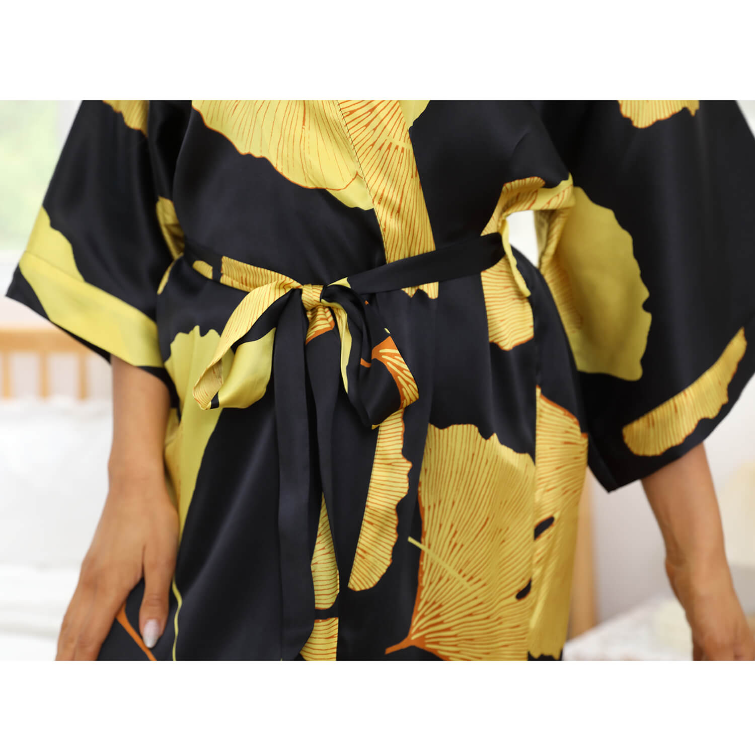 Women 100% Silk Robe Ginkgo Leaf Print Silk Kimono Robes