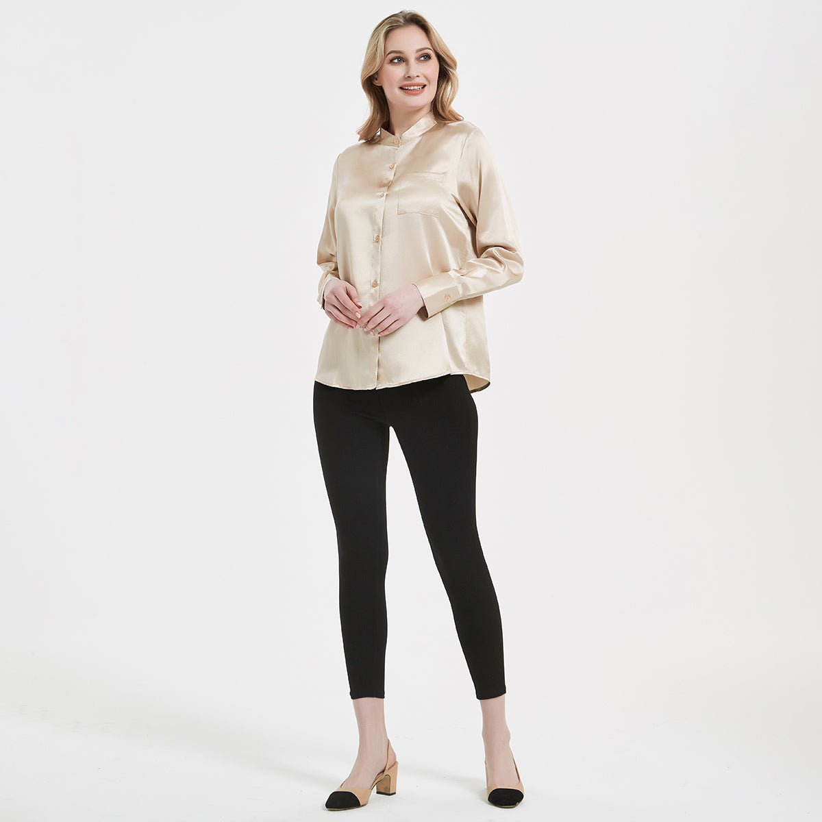 Women Band Collar Silk Blouse For Women 100% Pure Silk Blouse with Pocket