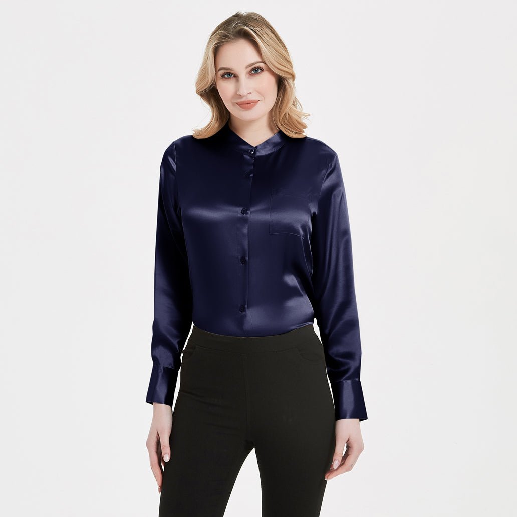 Women Band Collar Silk Blouse For Women 100% Pure Silk Blouse with Pocket