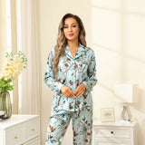 Women Flower Print Silk Pajamas Long Silk Pajama Set Blue XS