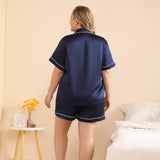 Women Plus Size Silk Pajamas 100% Short Silk Pajama Set Navy Blue 2X