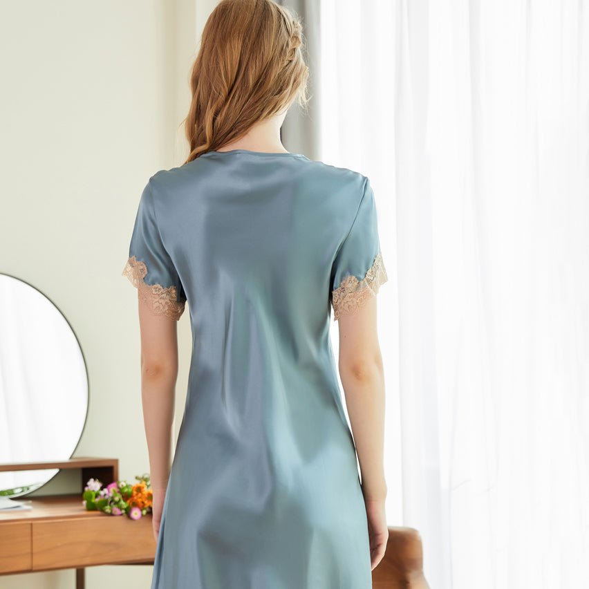 Women Pure Silk Nightgown With Lace V Neck Silk Chemise
