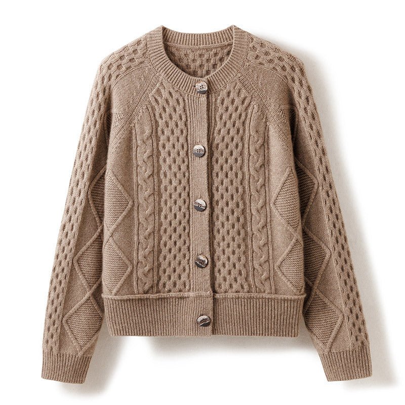 Womens Chunky Cable Knit Cashmere Cardigan With Oversized Buttons Taupe One size fits most