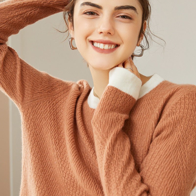 Women's 100% Cashmere Colorblock Knitted Jacquard Crewneck Sweater Camel XS