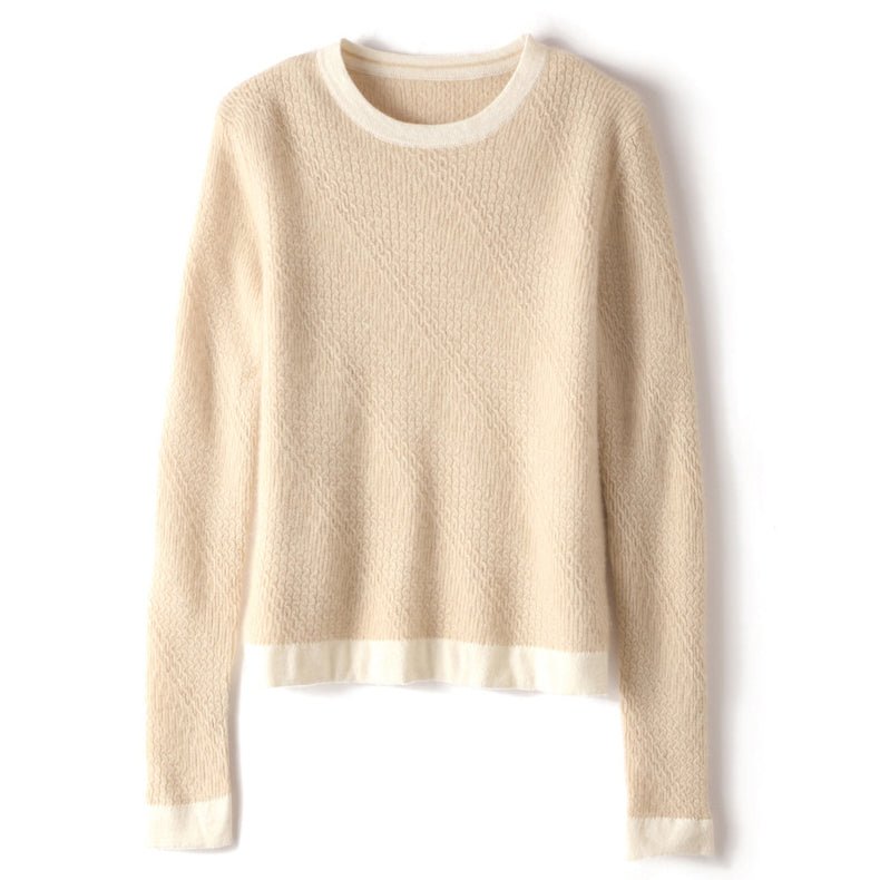 Women's 100% Cashmere Colorblock Knitted Jacquard Crewneck Sweater Beige XS