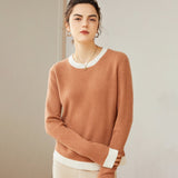 Women's 100% Cashmere Colorblock Knitted Jacquard Crewneck Sweater Camel XS
