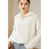 Womens Cashmere Half - Zip Sweater Waffle Knit Polo Cashmere Sweater