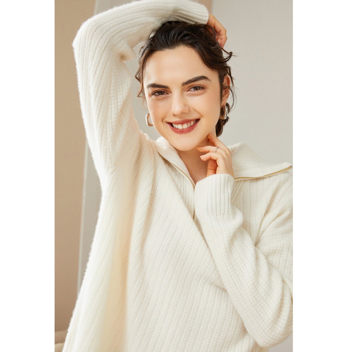 Womens Cashmere Half - Zip Sweater Waffle Knit Polo Cashmere Sweater