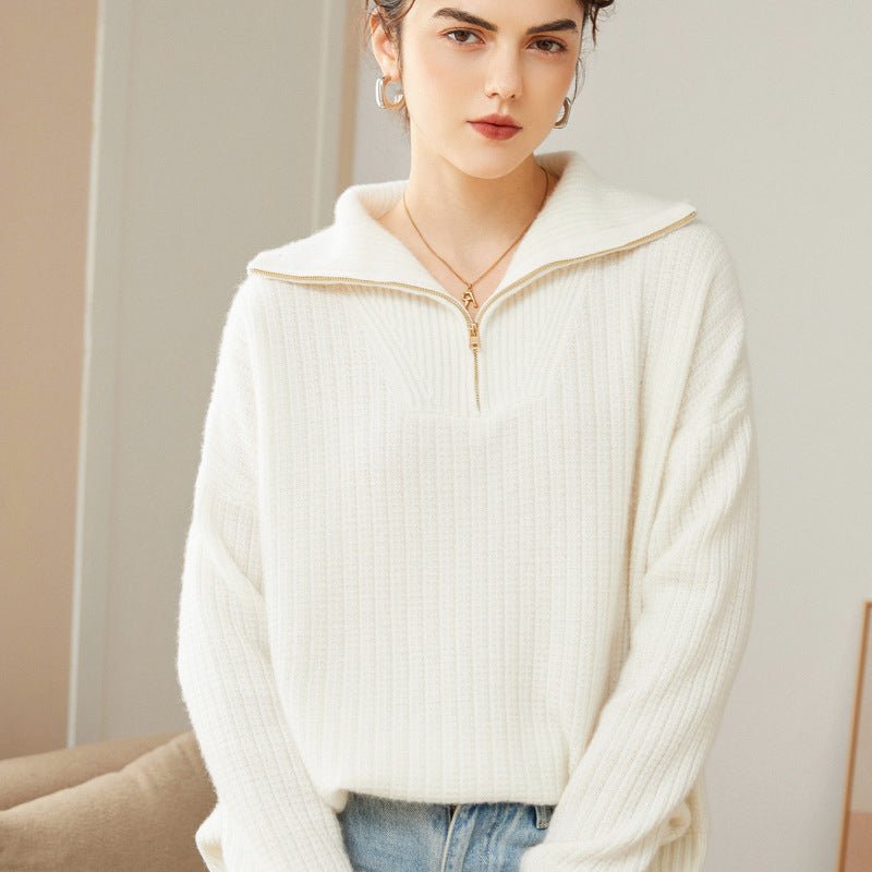 Womens Cashmere Half - Zip Sweater Waffle Knit Polo Cashmere Sweater