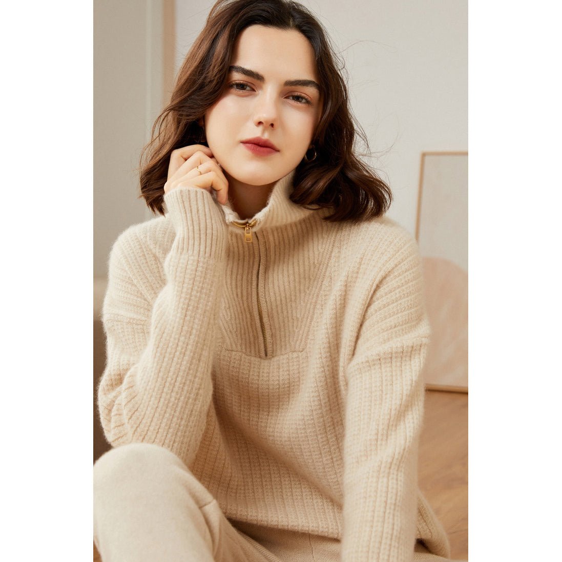 Womens Cashmere Half - Zip Sweater Waffle Knit Polo Cashmere Sweater