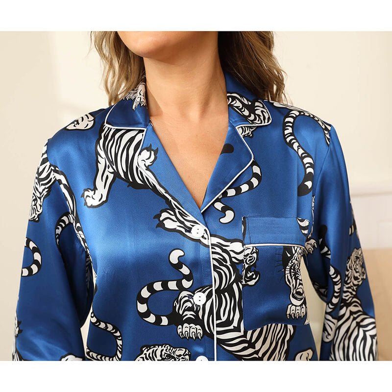 Womens 100% Silk Pajama Set Bold Tiger Print Sleepwear Silk Set Navy Blue XS