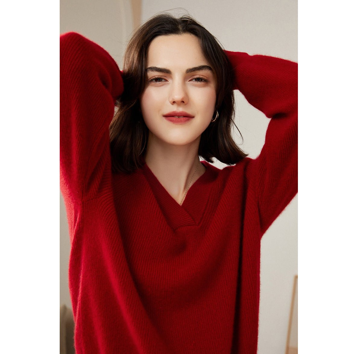 Womens V - Neck Cashmere Sweater Ribbed Knit Long Sleeve Cashmere Tops