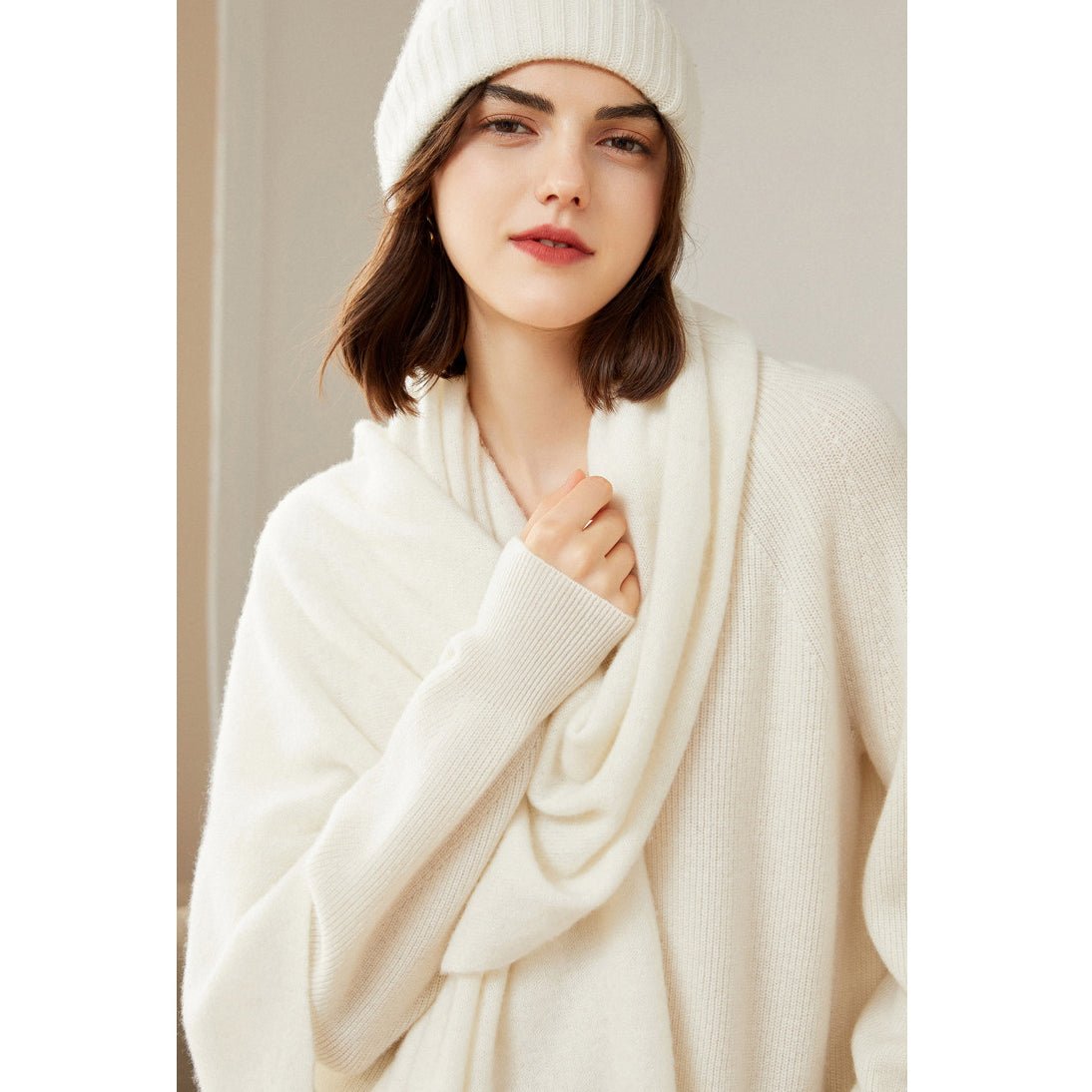 Womens V - Neck Cashmere Sweater Ribbed Knit Long Sleeve Cashmere Tops