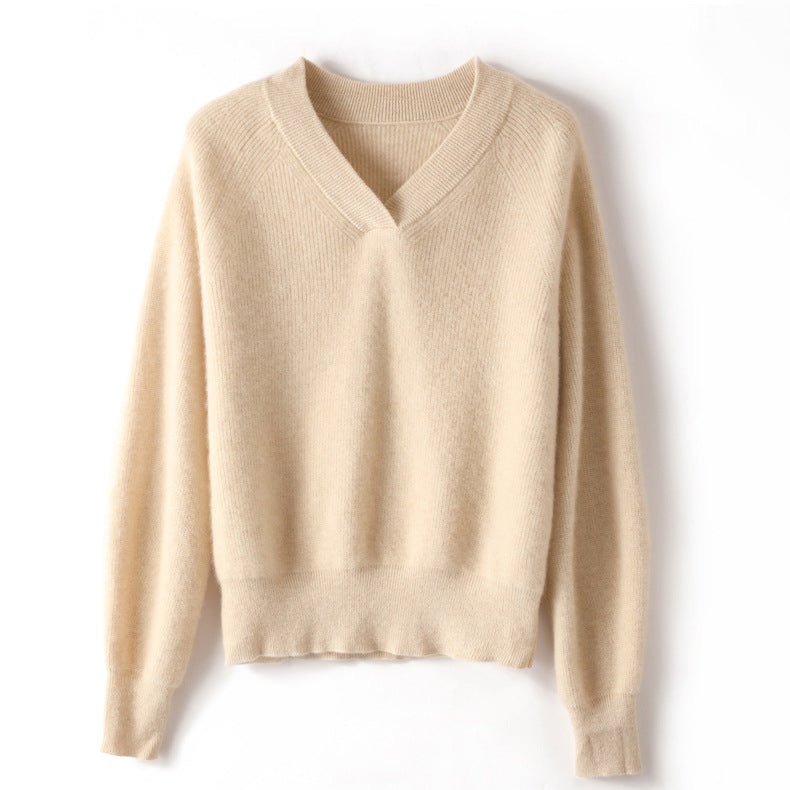 Womens V - Neck Cashmere Sweater Ribbed Knit Long Sleeve Cashmere Tops