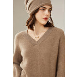 Womens V - Neck Cashmere Sweater Ribbed Knit Long Sleeve Cashmere Tops