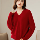 Womens V - Neck Cashmere Sweater Ribbed Knit Long Sleeve Cashmere Tops