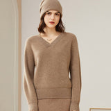 Womens V - Neck Cashmere Sweater Ribbed Knit Long Sleeve Cashmere Tops