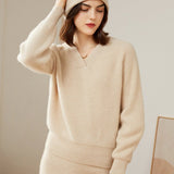 Womens V - Neck Cashmere Sweater Ribbed Knit Long Sleeve Cashmere Tops