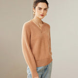 Womens V - Neck Cashmere Sweater Ribbed Knit Long Sleeve Cashmere Tops