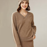 Womens V - Neck Cashmere Sweater Ribbed Knit Long Sleeve Cashmere Tops