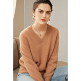 Womens V - Neck Cashmere Sweater Ribbed Knit Long Sleeve Cashmere Tops