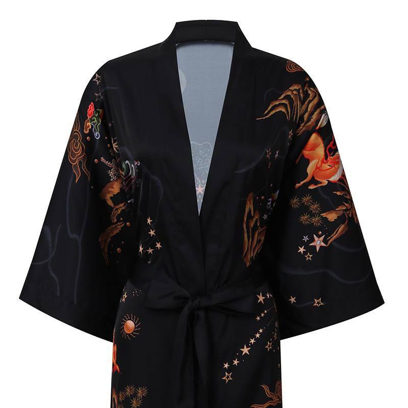 Women's Deer Prints Silk Kimono Robes Stars Silk Bathrobe