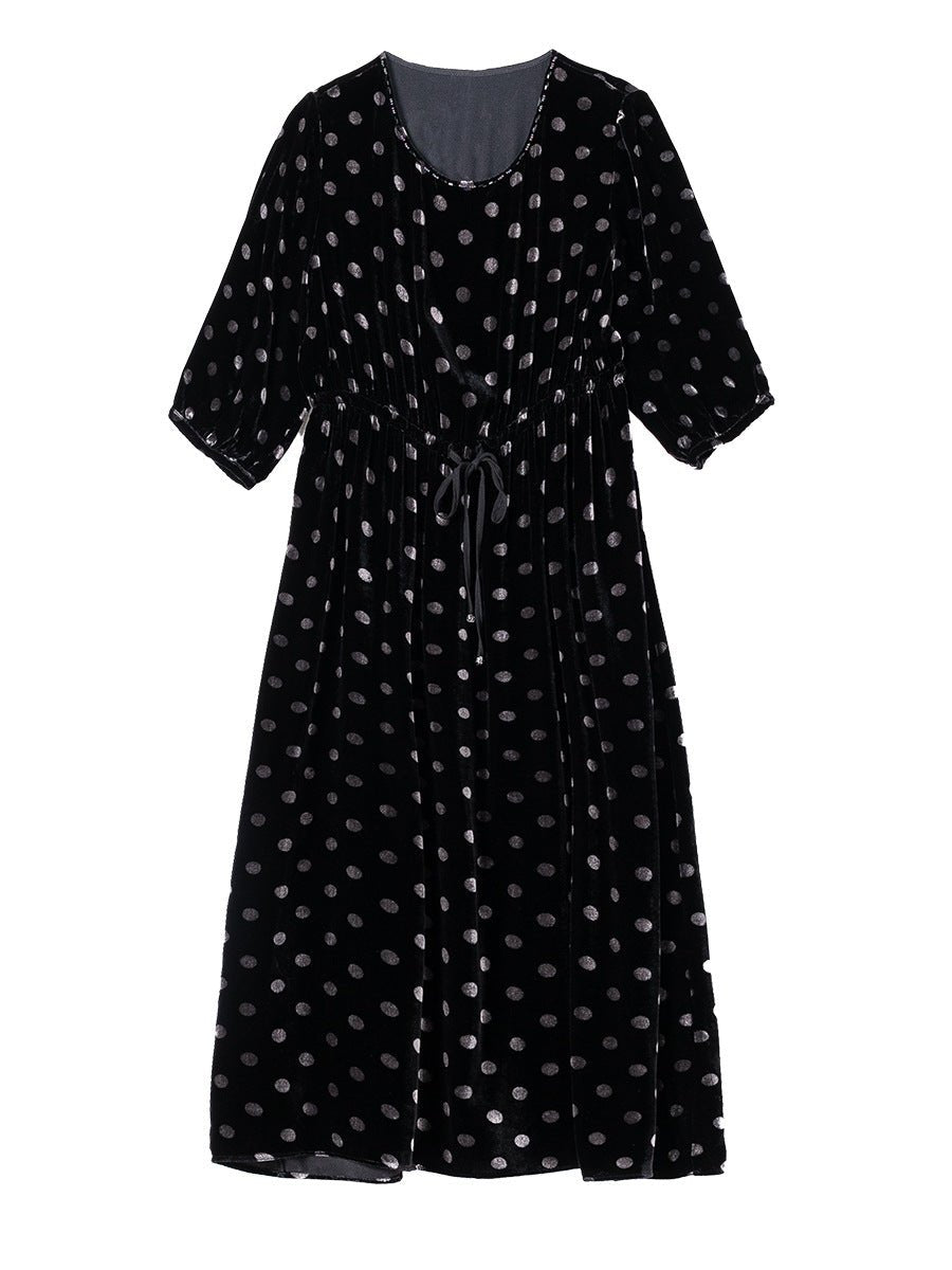 Womens Black Polka Dot Silk Midi Dress with Drawstring Waist