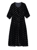 Womens Black Polka Dot Silk Midi Dress with Drawstring Waist