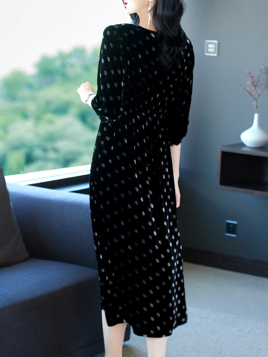 Womens Black Polka Dot Silk Midi Dress with Drawstring Waist