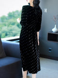 Womens Black Polka Dot Silk Midi Dress with Drawstring Waist