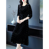 Womens Black Polka Dot Silk Midi Dress with Drawstring Waist